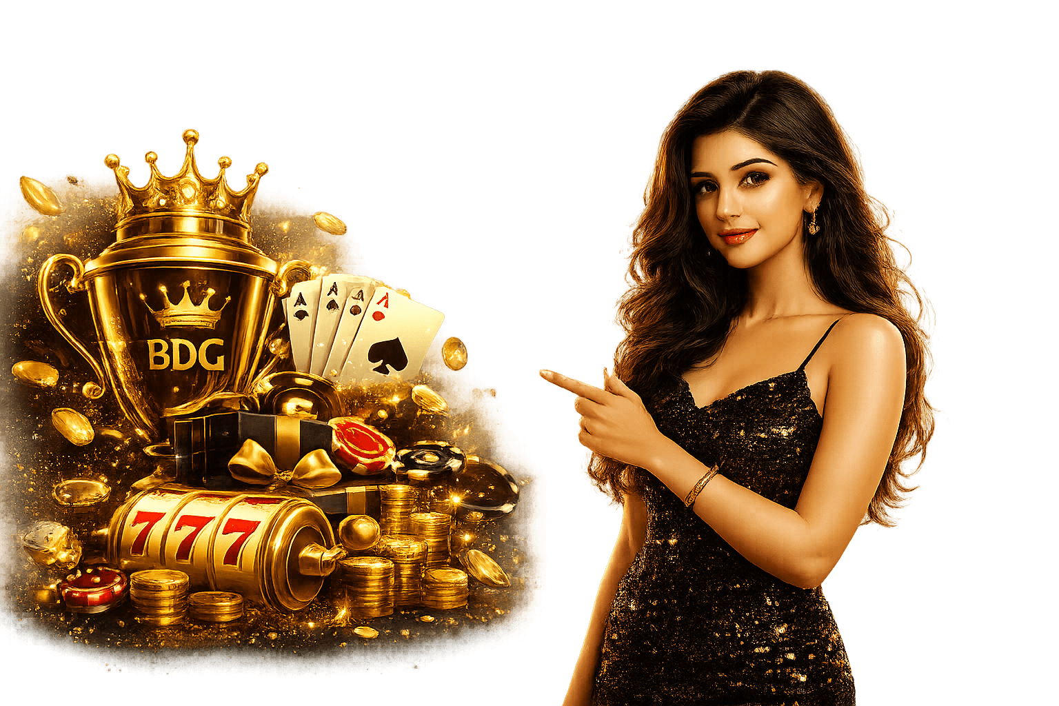 BDG Win gold trophy, casino chips and coins