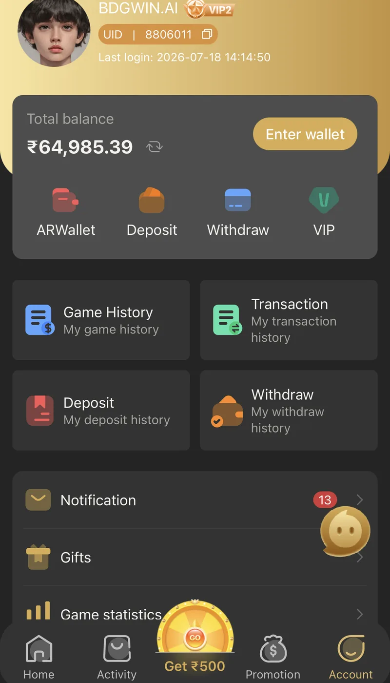 BDG Win account overview showing UID, VIP tier and total wallet balance