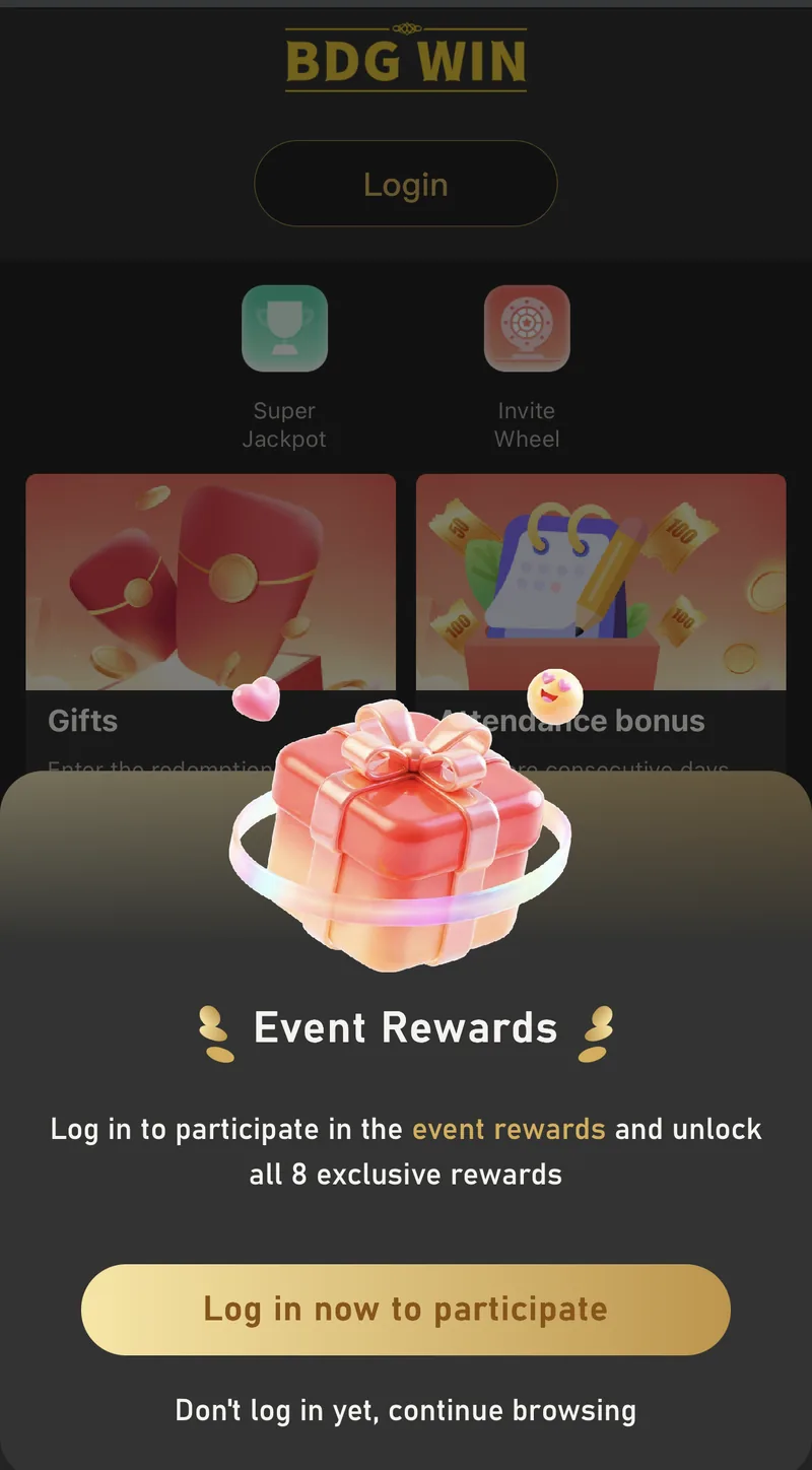 BDG Win app before logging in, with event rewards ready to unlock