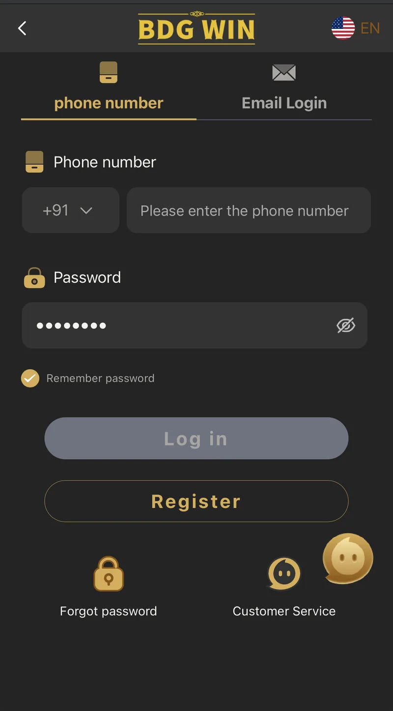 BDG Win login screen with phone number and password fields