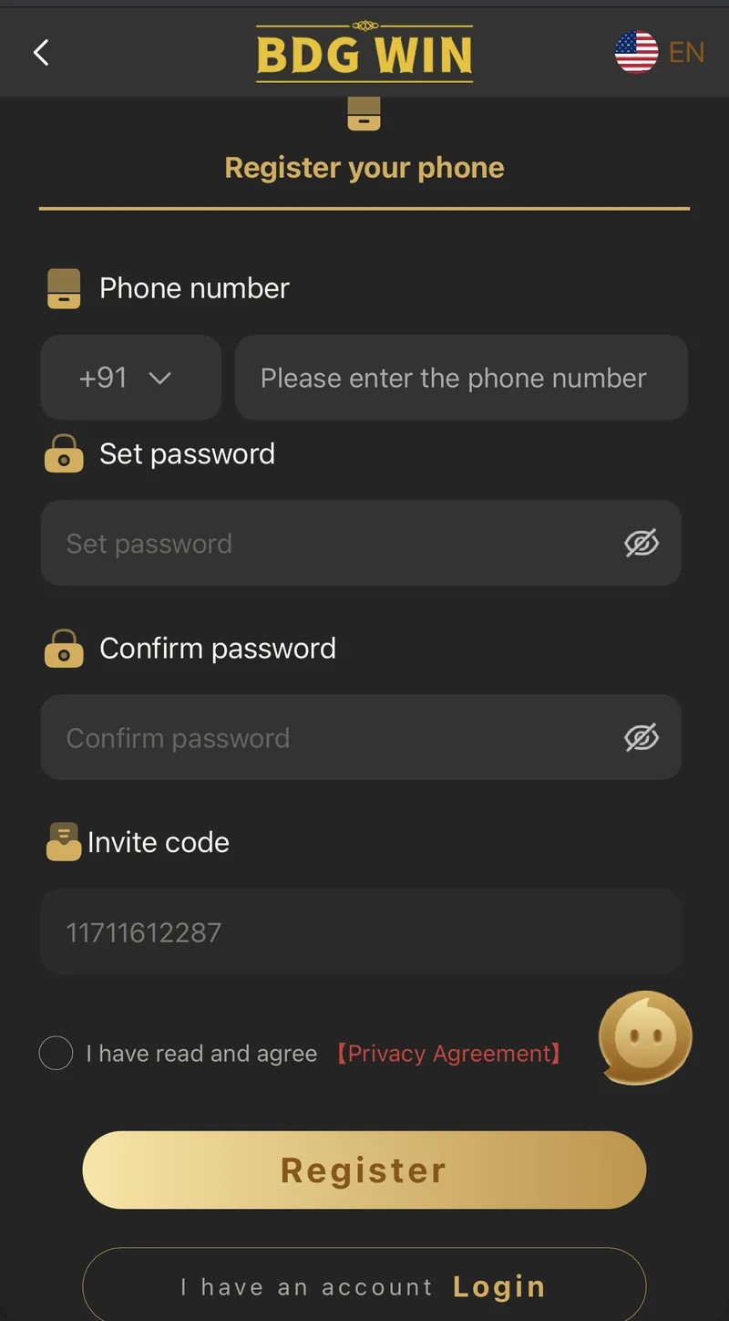 BDG Win registration form asking for phone number, password and invite code