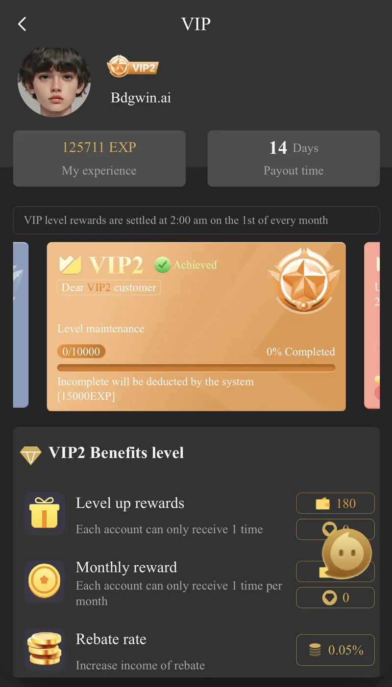 BDG Win VIP tier progress and benefits screen