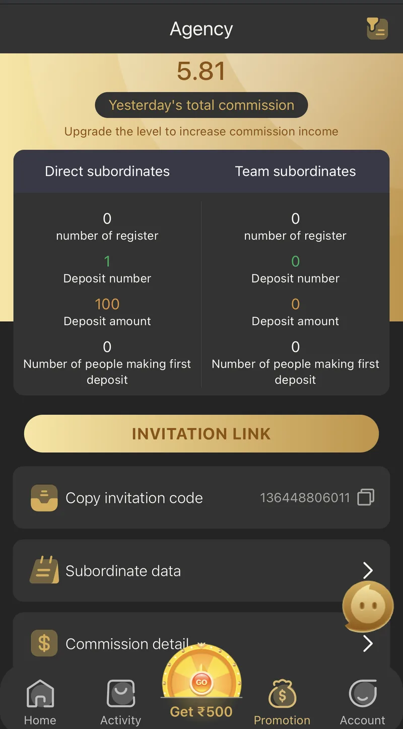 BDG Win agent Agency dashboard showing direct and team subordinate counts and commission total