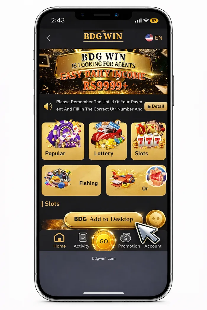 BDG Win agent recruitment banner shown above the game category grid
