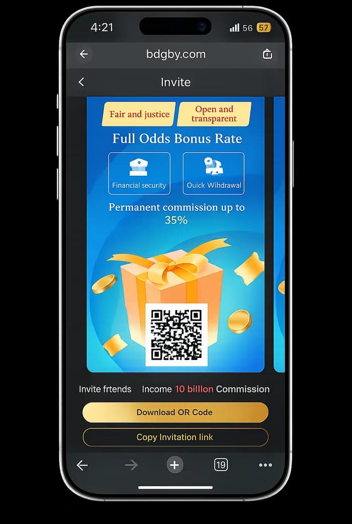 BDG Win shareable invite poster with a scannable QR code and commission rate