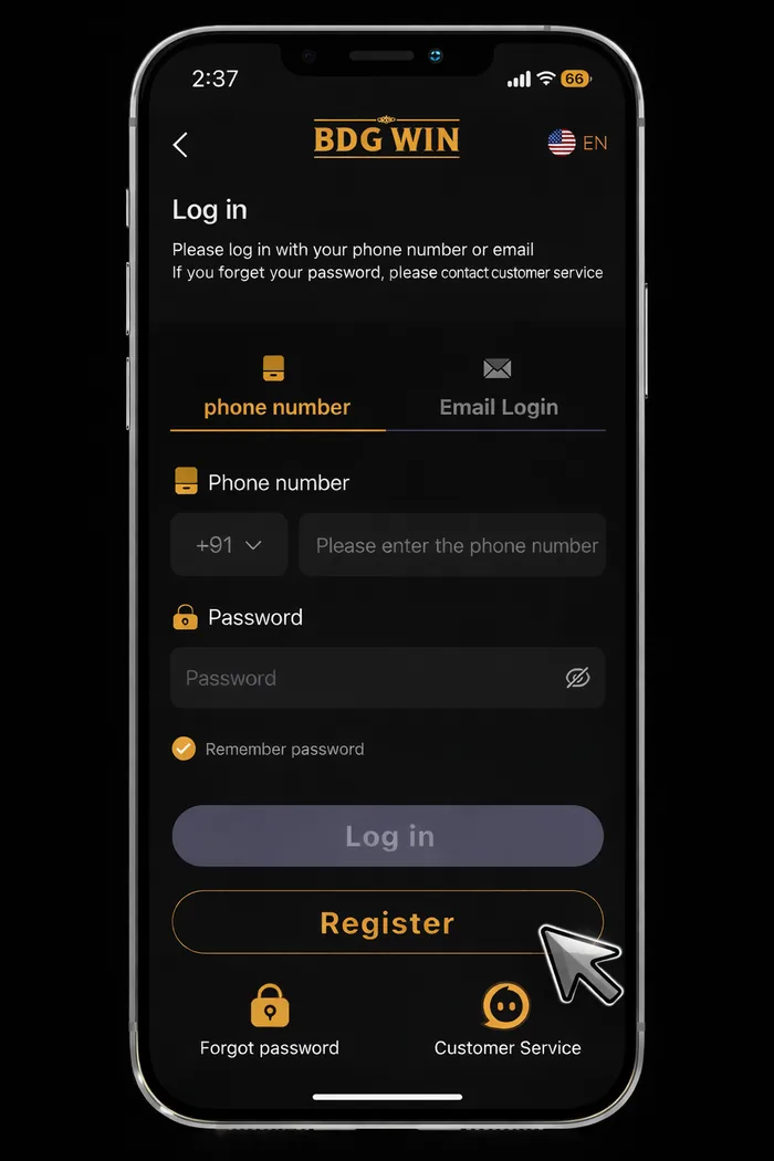BDG Win login screen with phone number and password fields