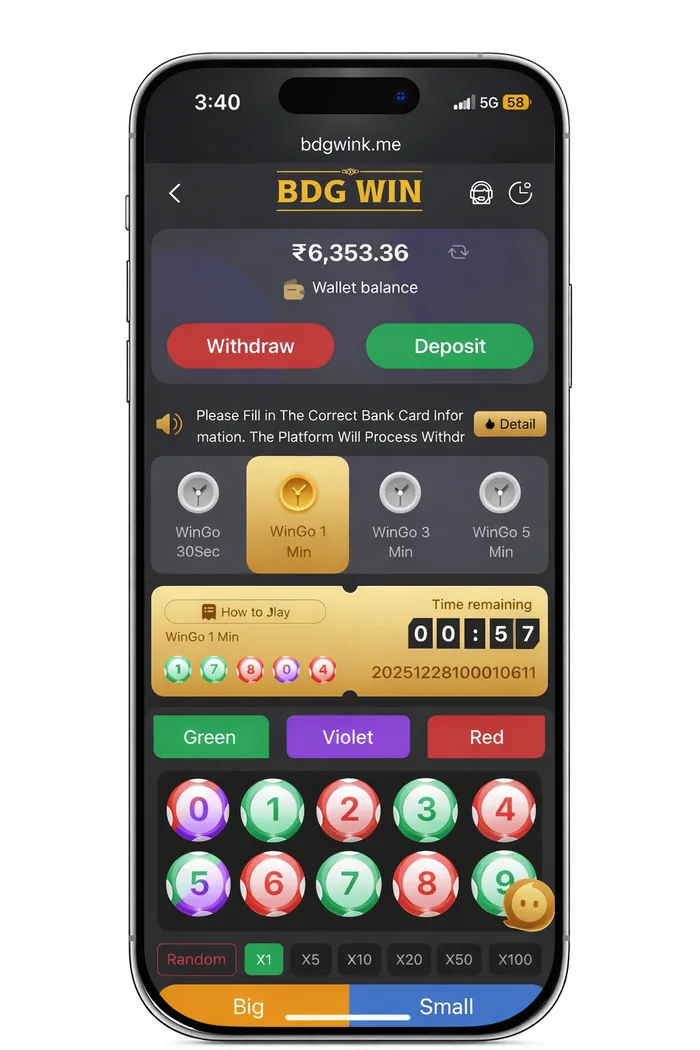 BDG Win Win Go round in progress with a live countdown and number grid
