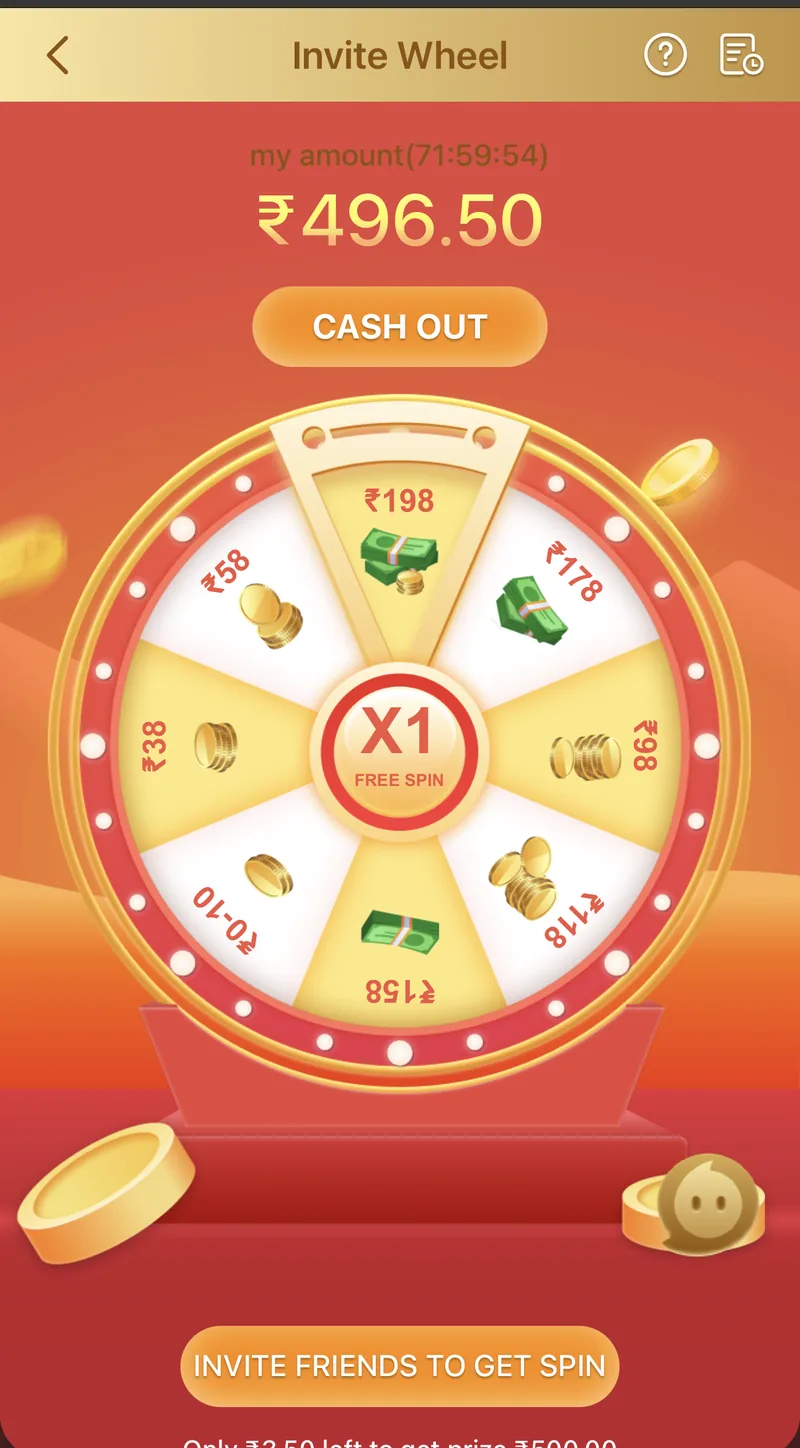 BDG Win Invite Wheel showing spin-based bonus amounts added to a referrer's balance
