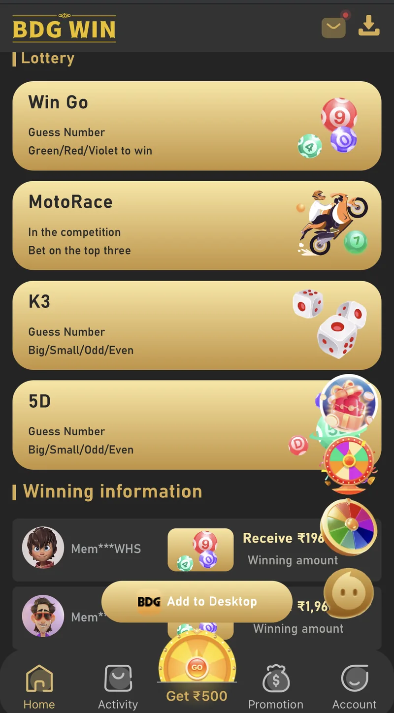 BDG Win lottery category listing Win Go, MotoRace, K3 and 5D draw formats