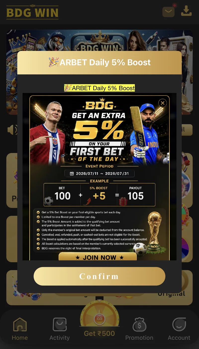 BDG Win promotion offering a bonus percentage boost on a player's first bet of the day