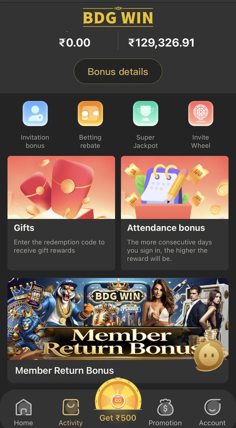 BDG Win promotions and activity hub listing invitation bonus, betting rebate, super jackpot and attendance bonus