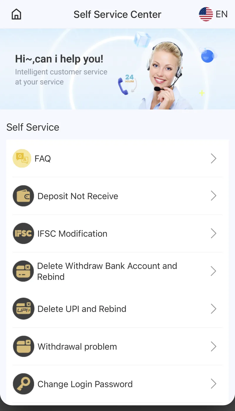 BDG Win Self Service Center listing common self-help topics like deposit and withdrawal issues