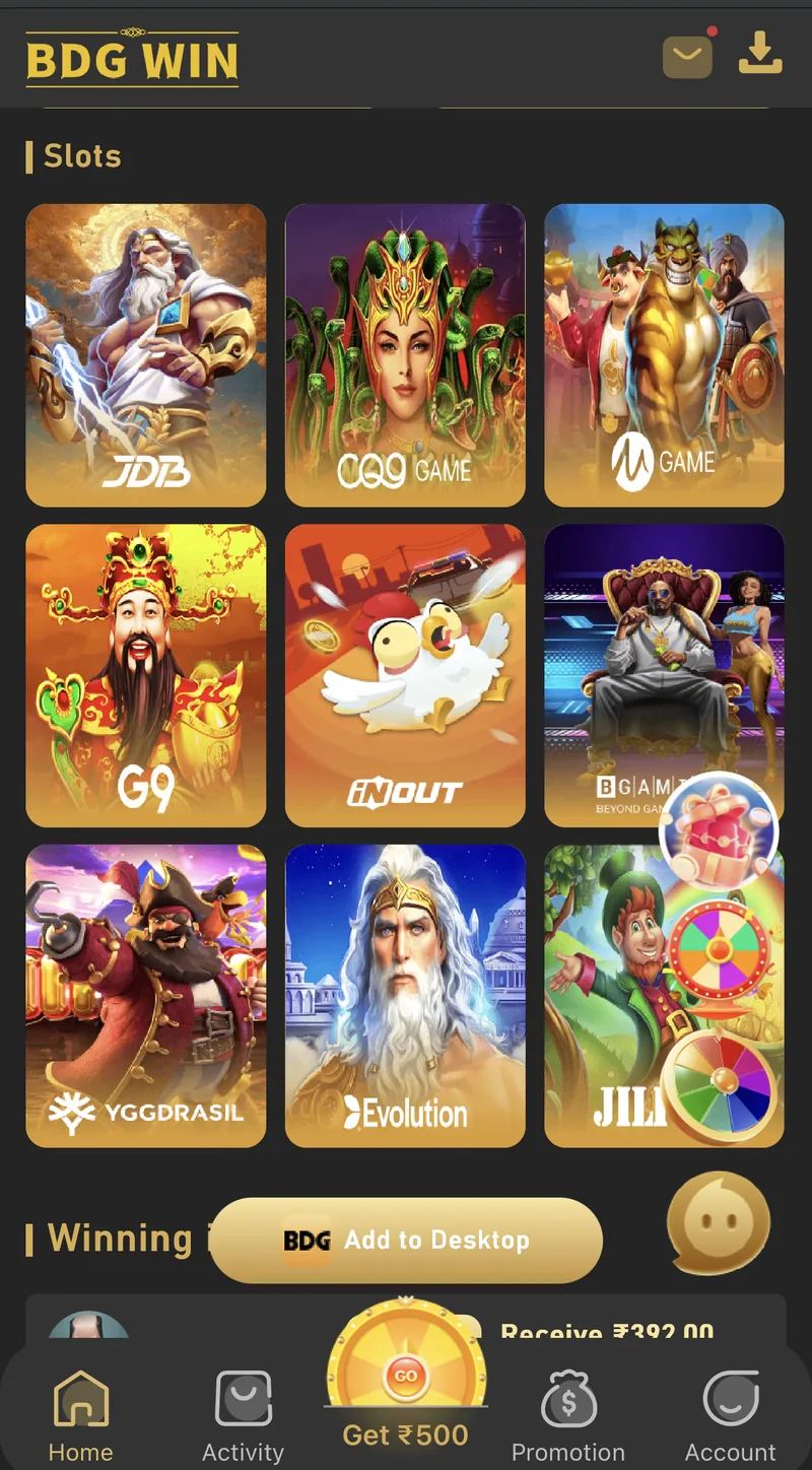 BDG Win slots screen showing titles from multiple game studios grouped for browsing